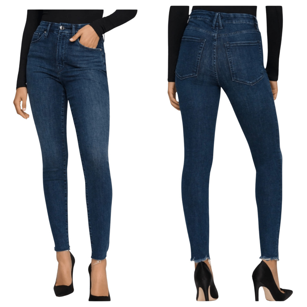 GOOD AMERICAN Good Legs Skinny Jeans Raw Hem Stretch High Rise Blue Denim 8 29